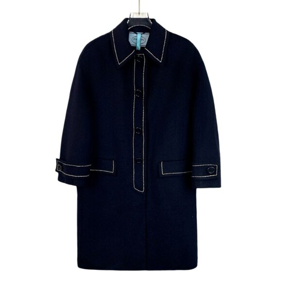 Prada Womens Wool-Blend Coat With Contrasting Stitching & Button Closure - Picture 1 of 8